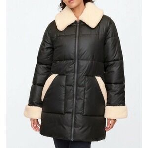 NWT GAP Cold Control Quilted Oversized Black Womens XS Puffer Coat Sherpa Trim